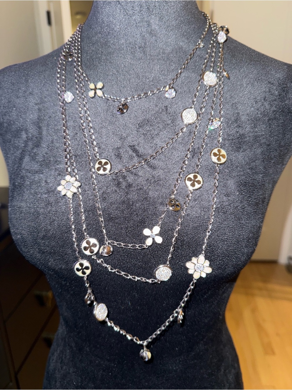 Multi-Strand Silver Flower Charm Necklace — Women’s Layered Floral Necklace